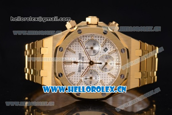 Audemars Piguet Royal Oak Chronograph Swiss Valjoux 7750 Automatic Yellow Gold Case/Bracelet with White Dial Stick Markers (EF) - Click Image to Close